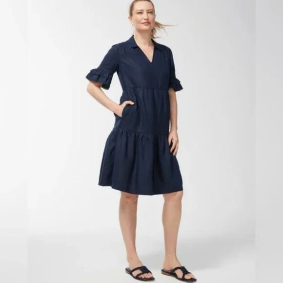 Chico’s Size 3 (US 16) Navy Blue Linen Tiered Midi Dress with Pockets, Like New - Picture 2 of 14